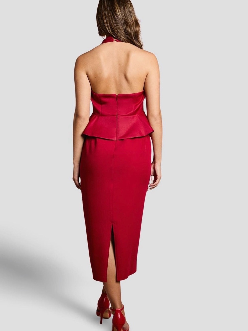 Red Halter Midi Skirt with Sculpted Peplum Bow - Picture 3 of 4